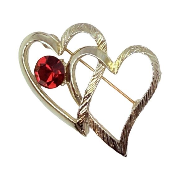 Vintage Red Crystal Double Heart Brooch 2" Valentine Love Silver Tone - Picture 10 of 15